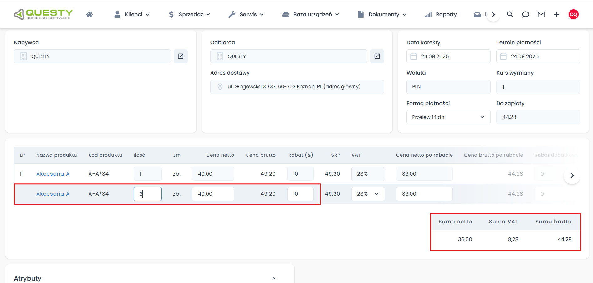 Edycja produktów na dokumencie korekty